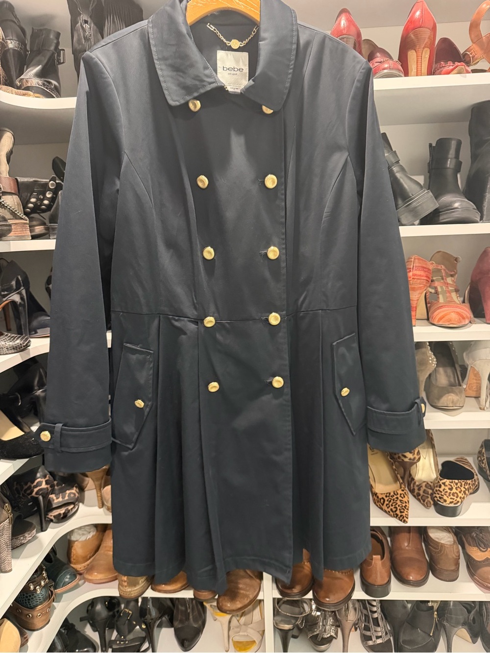 Vintage bebe Navy Double-Breasted Trench Coat with Gold Buttons and Flared Hem